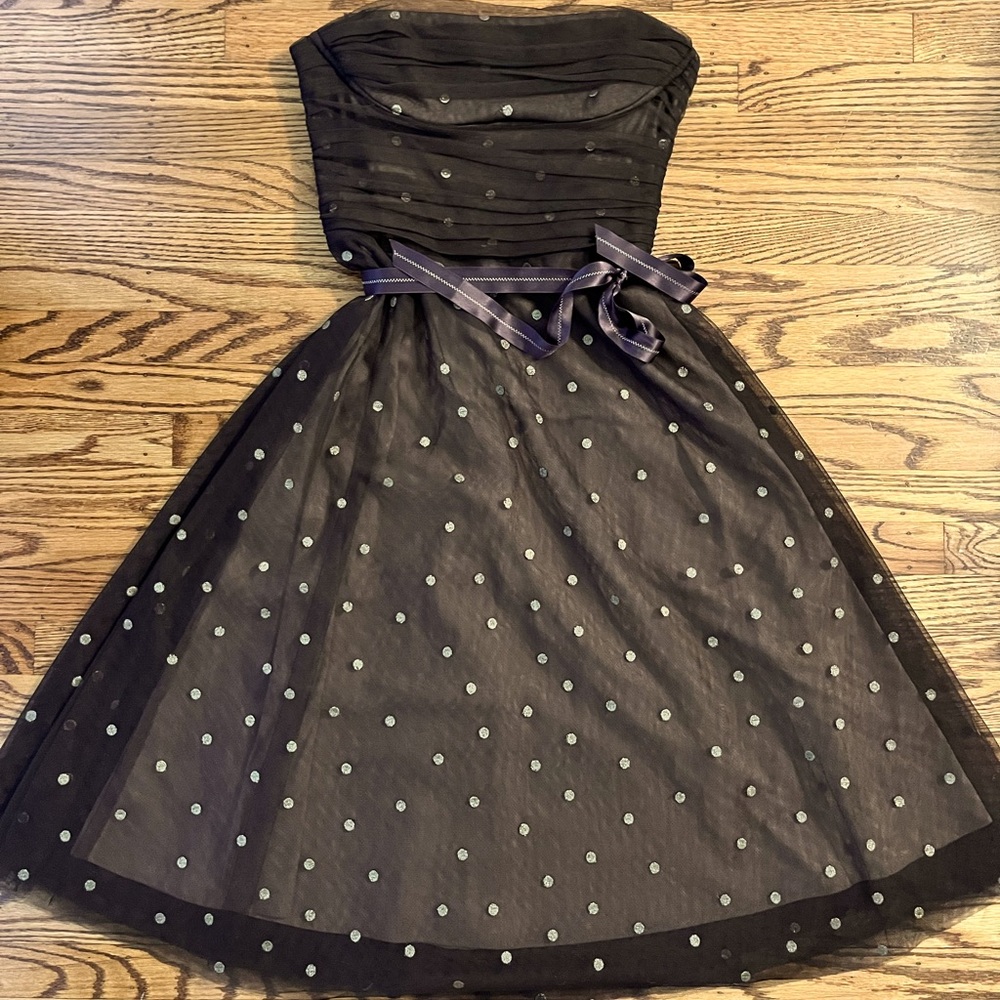 BCBG MaxAzria brown tulle with gold polka dots dress size M